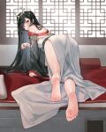  1girl absurdres bare_legs bare_shoulders barefoot bed black_hair chuck_(harfmoondark) feet foot_focus girls&#039;_frontline highres long_hair long_skirt long_sleeves looking_at_viewer looking_back pillow qbz-191_(girls&#039;_frontline) red_eyes skirt soles toes white_skirt 