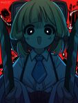  1girl anger_vein animal_ears black_eyes blonde_hair blue_archive blue_necktie bright_pupils cat_ears commentary death_momoi_(meme) dual_wielding fake_animal_ears highres holding holding_knife knife looking_at_viewer meme momoi_(blue_archive) necktie nyahiro open_mouth red_background shirt solo upper_body white_pupils white_shirt 