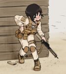  1girl absurdres alternate_costume assault_rifle black_eyes boots brown_footwear brown_hair brown_vest chainsaw_man gun gurumo_(twitter) higashiyama_kobeni highres knee_pads magazine_(weapon) military military_uniform rifle short_hair short_ponytail single_sidelock soldier solo transgender_flag uniform vest weapon 