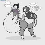 absurd_res anthro bear belly big_belly big_breasts black_hair breasts clothed clothing duo female female_pred female_prey foxynoms freedom_planet freedom_planet_2 fur galaxytrail giant_panda hair hi_res huge_breasts mammal neera_li partially_inside purple_eyes simple_background tail tail_fetish tail_play tail_vore text thick_thighs unusual_anatomy unusual_tail unusual_vore vore