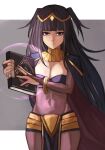  12_(artist) 1girl absurdres bags_under_eyes black_nails blue_cape bodystocking bodysuit book bracelet breasts bridal_gauntlets cape cleavage covered_navel cowboy_shot expressionless fire_emblem fire_emblem_awakening grey_background highres holding holding_book jewelry large_breasts looking_at_viewer purple_eyes simple_background skin_tight solo tharja_(fire_emblem) tiara two_side_up 