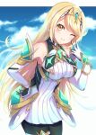  1girl bangs bare_shoulders blonde_hair breasts chest_jewel dress earrings elbow_gloves gloves highres jewelry large_breasts long_hair mythra_(massive_melee)_(xenoblade) mythra_(xenoblade) norimaki_(nrmk_norinori) pantyhose short_dress solo swept_bangs tiara very_long_hair white_dress white_gloves xenoblade_chronicles_(series) xenoblade_chronicles_2 yellow_eyes 