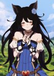  1girl animal_ears bangs bare_shoulders belt black_hair blue_dress blurry blurry_background blush breasts bridal_gauntlets choker cloud day detached_sleeves dress flower granblue_fantasy hair_flower hair_ornament half-closed_eyes hands_up lips long_hair mifuta nier_(granblue_fantasy) outdoors own_hands_together parted_lips sleeveless sleeveless_dress small_breasts solo upper_body 
