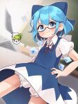  1girl absurdres bespectacled bloomers blue_bow blue_dress blue_eyes blue_hair blush bow cirno closed_mouth collared_shirt daiyousei detached_wings dress fairy farrel_kb glasses hair_between_eyes hair_bow highres ice ice_wings puffy_short_sleeves puffy_sleeves red-framed_eyewear semi-rimless_eyewear shirt short_hair short_sleeves signature smile solo touhou underwear white_bloomers white_shirt wings 