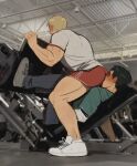  2boys ass bara bertolt_hoover biceps black_hair blurry blurry_background blush gym gym_shorts highres leg_press_machine lipeka male_focus meme multiple_boys muscular muscular_male open_mouth real_world_location red_shorts reiner_braun scar shingeki_no_kyojin shirt shoes short_hair shorts sitting_on_face sneakers squatting teeth thick_arms thick_eyebrows thick_thighs thighs tight_clothes yaoi 