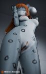 3d_(artwork) absurd_res anthro areola bathroom breasts butt digital_media_(artwork) felid female hair hi_res mammal medium_breasts momo_(monarquis) monarquis nipples nude pantherine red_hair sad shower snow_leopard solo water wet wet_body