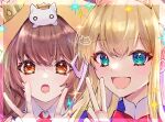  2girls :d :o animal_on_head animal_print asakura_karen_(heaven_burns_red) blonde_hair blue_eyes blush border brown_eyes brown_hair cat cat_on_head cat_print close-up commentary_request crown double_v hair_between_eyes hair_ribbon happy heaven_burns_red highres hood hood_up long_hair looking_at_viewer multiple_girls on_head open_mouth ribbon rin_0101010 side-by-side smile sparkle toujou_tsukasa tsurime v white_ribbon 