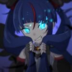  1girl absurdres black_wings blue_eyes blue_hair brooch commentary_request cure_sky cut_bangs dark_cure_sky dark_persona dress earclip fingerless_gloves gloves glowing glowing_eyes grey_dress grey_gloves grimace highres hirogaru_sky!_precure holding holding_hair jewelry long_hair looking_at_viewer magical_girl multicolored_hair noe_graphics partial_commentary precure puffy_short_sleeves puffy_sleeves red_hair short_sleeves single_sidelock single_wing sleeveless sleeveless_dress solo sora_harewataru streaked_hair wing_brooch wing_hair_ornament wings 