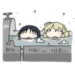  2girls bathtub black_hair blonde_hair blush bubble chito_(shoujo_shuumatsu_ryokou) closed_eyes facing_viewer lowres multiple_girls open_mouth partially_submerged same-sex_bathing shared_bathing shoujo_shuumatsu_ryokou simple_background transparent_background tsukumizu_yuu water yuuri_(shoujo_shuumatsu_ryokou) 