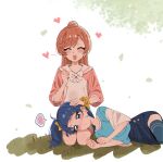  2girls absurdres blue_eyes blue_hair blue_shirt blue_skirt blue_thighhighs blush bow casual closed_eyes closed_mouth collared_shirt commentary cut_bangs dress frown grass hair_bow hair_bun hand_on_another&#039;s_head heart highres hirogaru_sky!_precure lap_pillow leaf long_hair lying medium_hair miniskirt multiple_girls nijigaoka_mashiro on_side open_mouth orange_scrunchie pink_dress pink_hair precure raglan_sleeves scrunchie seiza shirt short_sleeves side_ponytail single_hair_bun sipeiren sitting skirt smile sora_harewataru spoken_blush t-shirt thighhighs two-tone_dress white_bow white_dress wrist_scrunchie yellow_bow yuri 