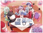  3girls ahoge bag blouse blue_hair blue_shirt book boots buttons diamond_button doremy_sweet dream_soul dress eye_mask frilled_shirt_collar frilled_sleeves frills green_eyes green_hair green_skirt hair_ornament hairband hat heart heart_button heart_of_string highres komeiji_koishi komeiji_satori long_hair long_sleeves mask mouth_mask multiple_girls nightcap pillow pink_hair pink_skirt pom_pom_(clothes) purple_eyes red_eyes red_headwear scavia10 shirt short_hair skirt slippers star_(symbol) table tail tapir tapir_print tapir_tail third_eye touhou 