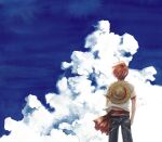  1boy aged_down back child cloud cloudy_sky commentary_request hat kusaco male_focus one_piece outdoors red_hair shanks_(one_piece) shirt short_hair short_sleeves sky solo standing straw_hat unworn_hat unworn_headwear white_shirt 