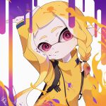  1girl arm_up blonde_hair braid braided_sidelock commentary eyebrow_cut highres inkling_girl inkling_player_character jacket long_hair open_mouth paint parted_lips pink_eyes pointy_ears signature simple_background single_braid splatoon_(series) squid_ikaaa symbol-only_commentary tentacle_hair white_background yellow_jacket 