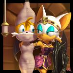 1:1 anthro bat bdsm blush breasts bulge canid canine cleavage clothed clothing dominant dominant_female duo egyptian_clothing female fox hi_res latex male male/female mammal miles_prower mummification radasus rouge_the_bat rubber_clothing rubber_suit sega sonic_the_hedgehog_(series) submissive submissive_male wings