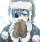  1boy bishounen blue_coat blue_eyes blue_hair breath ciel_phantomhive coat colored_eyelashes eyepatch fur-trimmed_coat fur-trimmed_sleeves fur_hat fur_trim gloves hair_between_eyes hat highres kuroshitsuji light_blush looking_at_viewer male_focus pom_pom_(clothes) solo upper_body ushanka white_background winter_clothes yu_ki_koo 