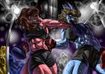 abs anthro athletic athletic_female banco blue_body blue_feathers blue_scales bodily_fluids bone_frill bottomwear boxing_gloves breasts brown_hair ceratopsian clenched_teeth clothing colored crop_top detailed_background dinosaur dromaeosaurid duo_focus eyewear feathered_crest feathers female fight fighting_ring frill_(anatomy) glasses group hadrosaurid hair handwear head_crest i_wani_hug_that_gator jenine_(iwhtg) kiara_(iwhtg) male navel ornithischian parasaurolophus pink_body pink_scales protoceratops pterosaur punch red_body red_feathers reptile scales scalie shirt shorts snoot_game snout sport sportswear sweat tank_top teeth theresa_(snoot_game) theropod topwear velociraptor victoria_(iwhtg)