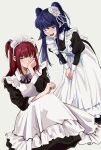  2girls absurdres alternate_costume apron black_dress blue_eyes blue_hair bowing dress enmaided fangs flower frilled_apron frills furudo_erika hair_flower hair_ornament hand_on_own_face highres juliet_sleeves long_dress long_hair long_sleeves looking_at_viewer maid maid_apron maid_headdress multiple_girls puffy_sleeves red_hair sidelocks twintails two_side_up umineko_no_naku_koro_ni uneasywolf ushiromiya_ange white_apron white_background 