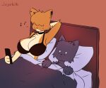 anthro artist_name bed bedding big_breasts black_body black_bra black_choker black_clothing black_fur black_jewelry black_necklace black_underwear blanket blush bra breasts chest_tuft choker cleavage clothed clothing cocoa_(justbirb) countershade_arms countershade_face countershade_fur countershade_torso countershading digital_media_(artwork) domestic_cat duo ear_piercing electronics empty_eyes felid feline felis female fur furniture hair hair_over_eyes hand_behind_head head_on_pillow hi_res holding_object holding_phone huge_breasts jewelry justbirb looking_at_object looking_at_phone lying male mammal musical_note necklace on_back on_bed orange_background paprika_(justbirb) phone piercing simple_background tan_body tan_countershading tan_fur tuft underwear white_eyes