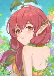  1girl ahoge bangs bare_shoulders blush closed_mouth dress flower granblue_fantasy long_hair looking_at_viewer looking_back low_twintails mifuta orange_eyes pointy_ears red_hair smile solo sprout_on_head strapless strapless_dress twintails upper_body yggdrasil_(granblue_fantasy) 