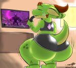  absurd_res andromorph anthro big_butt black_clothing bottom_heavy bottomwear butt clothed clothing dragaux green_body hi_res horn intersex kobold male nintendo raised_tail ring_fit_adventure rixtry_oficial scalie short skimpy skimpy_briefs solo video_games yoshai_the_kobold 