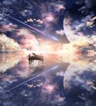  1girl abisswalker8 absurdres cloud cloudy_sky comet fantasy highres instrument music original piano planet playing_instrument reflection reflective_floor reflective_water scenery silhouette sky star_(sky) starry_sky sun sunlight sunset waves 