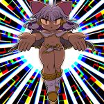  1girl brown_hair chromatic_aberration commentary_request cookie_(touhou) full_body gold hakurei_reimu highres loincloth long_hair looking_at_viewer navel open_mouth reaching reaching_towards_viewer red_eyes reu_(cookie) slit_pupils solo standing tan the_chicken_that_appears_in_the_middle_of_cookie tonchamon_san touhou triangle_mouth white_footwear 