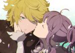  1boy 1girl bangs blonde_hair closed_eyes gawain_(granblue_fantasy) granblue_fantasy green_eyes hand_on_another&#039;s_cheek hand_on_another&#039;s_face hetero kiss kissing_cheek lennah long_sleeves medium_hair mifuta purple_hair short_hair signature upper_body 