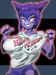  anthro biped bottomwear breasts clothing eyelashes female generation_1_pokemon gengar gesture hi_res nintendo pepper_gomashio pointing pointing_at_self pokemon pokemon_(species) purple_body shirt shorts simple_background smile solo t-shirt topwear video_games 