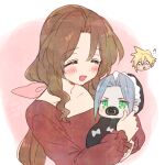  !? 1girl 2boys aerith_gainsborough aged_down baby blonde_hair blush bonnet border brown_dress brown_hair chibi chibi_inset closed_eyes cloud_strife dress final_fantasy final_fantasy_vii final_fantasy_vii_remake frilled_bonnet green_eyes grey_hair hair_between_eyes hair_ribbon holding_baby krudears long_hair long_sleeves low_ponytail multiple_boys open_mouth pacifier parted_bangs pink_background pink_ribbon ribbon sephiroth short_hair sidelocks slit_pupils smile spiked_hair sweatdrop upper_body wavy_hair white_border 