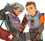  1boy 1girl \m/ animification apex_legends bag baseball_cap belt black_belt black_bodysuit black_gloves blue_hair blue_headwear blue_hoodie bodysuit brown_hair duffel_bag facial_hair gloves goggles goggles_on_headwear hat hood hoodie lifeline_(apex_legends) looking_at_viewer mischief_medic_lifeline namjak octane_(apex_legends) official_alternate_costume orange_bodysuit short_twintails sleeveless sleeveless_hoodie stubble twintails undercut v 