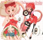  1girl absurdres animal_hairband black_footwear black_headphones bodysuit bow brown_eyes character_name collar collarbone copyright_name denim denim_shorts frilled_shirt frills hair_bow hairband headphones hello_kitty hello_kitty_(character) helmet highres holding holding_umbrella japanese_clothes kimono long_hair looking_at_viewer mechanical_arms megaphone navel nekomura_iroha off-shoulder_shirt off_shoulder open_mouth pink_hair ponytail red_bow red_collar red_hairband red_kimono red_ribbon red_shirt ribbon sanrio shirt shorts sleeveless sleeveless_shirt smile solo teeth tile_background umbrella upper_teeth_only uri_(heart0nwave) variations very_long_hair vocaloid white_background 