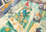  2girls ahoge bathtub blue_hair blush closed_eyes completely_nude cup drinking_glass eating food greentanuki hair_bun juice multicolored_hair multiple_girls nude original partially_submerged popsicle red_hair rubber_duck short_hair soap towel two-tone_hair white_hair 
