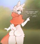 2023 anthro blue_eyes blurred_background butt dialogue digital_media_(artwork) english_text fairy_tales gesture girly hi_res lagomorph leporid little_red_riding_hood little_red_riding_hood_(copyright) looking_at_viewer male mammal mikosi mostly_nude pointing rabbit rear_view red_cloak red_hood scut_tail short_tail solo speech_bubble standing tail talking_to_viewer text wide_hips