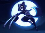 2024 4_fingers absurd_res anthro belt belt_buckle breasts canid canine claw_(weapon) feet female fingers fox full_moon fur grey_body grey_fur grin grizelda hi_res hood mammal melee_weapon moon night psicoyote smile solo teeth weapon yellow_eyes
