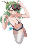  1girl absurdres alternate_costume antlers bare_shoulders bikini bikini_top_only breasts ceres_fauna cleavage collarbone denim denim_shorts green_hair highres hololive hololive_english horns large_breasts leaf long_hair looking_at_viewer short_shorts shorts simple_background smile solo starshell swimsuit thighhighs virtual_youtuber white_background white_thighhighs yellow_eyes 