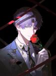  1boy absurdres bishounen black_background closed_mouth flower formal highres holding holding_flower light_smile long_sleeves looking_at_viewer love_and_deepspace male_focus miraclesuri necktie pink_eyes purple_eyes purple_hair rafayel_(love_and_deepspace) red_flower red_rose rose shadow shirt short_hair simple_background solo suit two-tone_eyes white_shirt 