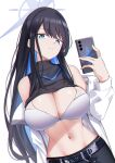  1girl bare_shoulders belt black_belt black_hair black_shirt blue_archive blue_eyes blue_hair bra breasts cellphone cleavage clothes_lift coat colored_inner_hair commentary crop_top dutch_angle espada_gcon groin halo highres holding holding_phone large_breasts long_hair looking_at_viewer midriff multicolored_hair navel no_headwear no_mask off_shoulder open_clothes open_coat pants parted_lips phone saori_(blue_archive) selfie shirt shirt_lift simple_background sleeveless sleeveless_shirt smartphone snap-fit_buckle solo standing two-tone_hair underwear white_background white_bra white_coat 
