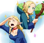  1girl blonde_hair blue_capelet blue_robe braid cabbage capelet closed_mouth dungeon_meshi elf green_eyes highres holding holding_staff hood hooded_capelet kurokuro222 long_hair marcille_donato multiple_braids multiple_views pointy_ears robe smile sparkle staff sweat 