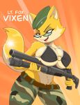 anthro belt bottomwear bra camo camo_bottomwear camo_clothing camo_pants camo_print canid canine clothing eyewear female fox glasses gun hat headgear headwear hi_res lt._fox_vixen mammal mostly_nude pants pattern_bottomwear pattern_clothing pattern_pants ranged_weapon sek_studio shotgun solo squirrel_and_hedgehog underwear weapon zebra10045