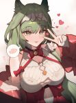  1girl :p absurdres animal_ear_fluff animal_ears arknights blush breasts cat_ears cat_girl chinese_commentary commentary_request corset green_eyes green_hair grey_background harmonie_(arknights) harmonie_(decoration)_(arknights) heart highres huajiaohaibao jacket large_breasts long_hair off_shoulder official_alternate_costume red_corset red_jacket shirt simple_background solo spoken_blush tongue tongue_out upper_body v white_shirt 