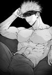  1boy abs blindfold blindfold_lift blue_eyes cowboy_shot gojou_satoru jujutsu_kaisen male_focus muscular muscular_male nay_bb pants parted_lips pectorals short_hair solo spiked_hair spot_color spread_legs topless_male 