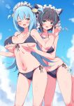  2girls :3 absurdres animal_ears aqua_hair bangs bikini black_bikini black_hair blue_hair blue_sky breast_grab breasts cloud collarbone commentary_request commission day eggman_(pixiv28975023) fake_animal_ears grabbing hair_ornament highres large_breasts maid maid_headdress multicolored_hair multiple_girls navel one_eye_closed original outdoors side-tie_bikini_bottom skeb_commission sky smile standing standing_on_one_leg streaked_hair swimsuit two-tone_hair water_drop 