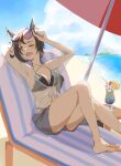  1girl adjusting_eyewear air_shakur_(umamusume) animal_ears barefoot beach_umbrella bikini black_bikini black_hair blush breasts cleavage cloud criss-cross_halter day deck_chair drinking_straw halterneck highres horse_ears horse_girl horse_tail jacket kii_(tcw10310301) knees_up long_hair looking_to_the_side one_eye_closed open_mouth outdoors see-through see-through_jacket sharp_teeth shorts small_breasts solo sunglasses swimsuit tail teeth tropical_drink umamusume umbrella yellow_eyes 