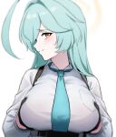  1girl ahoge aqua_hair aqua_necktie black_gloves blue_archive blue_necktie blush breast_pocket breasts chest_harness closed_mouth collared_shirt commentary furrowed_brow gloves grabbing_own_breast halo harness huge_ahoge junu_(jwoo5627) large_breasts long_hair long_sleeves looking_at_viewer necktie pocket profile shirt sideways_mouth simple_background smile solo split_mouth sweatdrop turning_head underbust upper_body white_background white_shirt yellow_eyes yellow_halo yume_(blue_archive) 