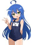  1girl :3 :d ahoge arm_behind_back blue_hair blue_one-piece_swimsuit commentary covered_navel cowboy_shot flat_chest green_eyes hand_up highres izumi_konata jitome long_hair looking_at_viewer lucky_star mikoscrub mole mole_under_eye navel old_school_swimsuit one-piece_swimsuit open_mouth school_swimsuit simple_background skin_tight smile solo standing swimsuit symbol-only_commentary thigh_gap thighs very_long_hair w white_background 