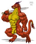 anthro balls barbel_(anatomy) big_muscles claws disney dragon eastern_dragon flaccid flesh_whiskers genitals grin horn jay_shell looking_at_viewer male melee_weapon mulan_(1998) muscular mushu_(disney) nipples nude pecs penis scalie smile solo sword weapon