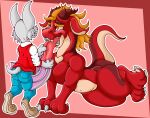 anthro bat blonde_hair bottomwear cafet&#039;zin_(artist) clothing denim denim_bottomwear denim_clothing dragon duo female hair herm hi_res intersex intersex/male jeans larger_female male mammal pants red_body red_eyes red_scales scales size_difference tongue zenith_(zaxalightning)