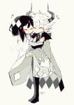  1boy 1girl black_hair blush cape couple demon demon_horns dress etihw_(haiiro_teien) face-to-face funamusea haiiro_teien horns kcalb_(haiiro_teien) sakiroll white_cape white_dress white_hair 