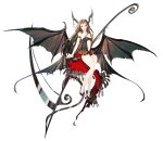  1girl :o absurdres bare_shoulders black_bow black_footwear bow breasts brown_hair brown_horns cleavage full_body highres holding holding_scythe horns long_hair looking_at_viewer navel red_eyes scales scythe senryoko simple_background small_breasts solo very_long_hair white_background wings 