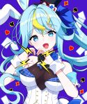  1girl absurdres animal_ears black_bow black_bowtie black_headwear blonde_hair blue_bow blue_bowtie blue_hair bow bowtie breasts card club_(shape) diamond_(shape) dice fangs hat heart heart_hands highres kaminari_clara leotard lightning_bolt_symbol long_hair multicolored_hair open_mouth phase_connect playboy_bunny playing_card rabbit_ears solo spade_(shape) streaked_hair top_hat twitter_username two-tone_bowtie umirunie upper_body virtual_youtuber white_leotard white_wrist_cuffs wrist_cuffs 